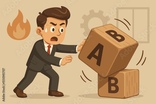Businessman adapting strategy flipping wooden blocks from Plan A to Plan B concept, emergency survival, decision making, change management, problem solving, vector cartoon illustration