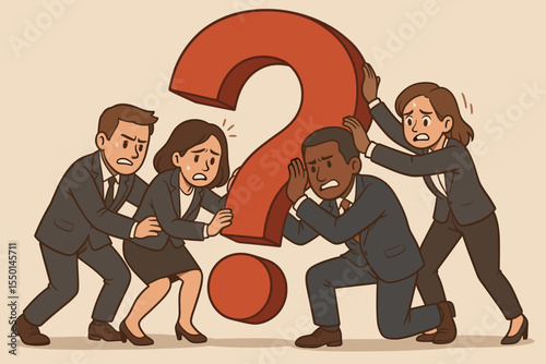 Stressed business team works together holding a giant question mark. Metaphor for a difficult corporate problem, business crisis, uncertainty, and the burden of finding a solution.