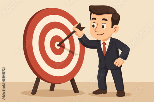 Businessman placing an arrow in the center of a target. Concept of achieving business goals, strategy, and success. Cartoon illustration for hitting the bullseye, mission focus.