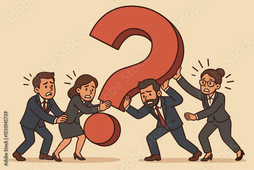 Business team struggling to carry a giant heavy question mark. Metaphor for a critical business problem, challenge, or crisis. Concept of teamwork, pressure, burden, and stress.