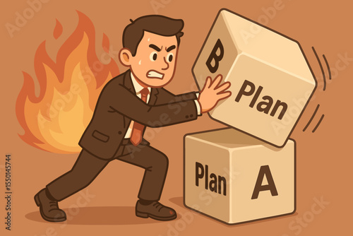 Businessman adapting strategy, switching from Plan A to Plan B. Concept for crisis management, business failure, emergency survival, contingency plan, and risk management vector.