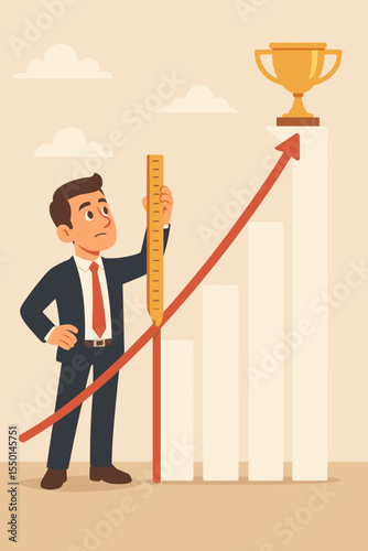 Businessman measuring path to success on a growth chart. Concept of business pathway, progress measurement, and setting goals. Man with a ruler and arrow aiming for trophy achievement.