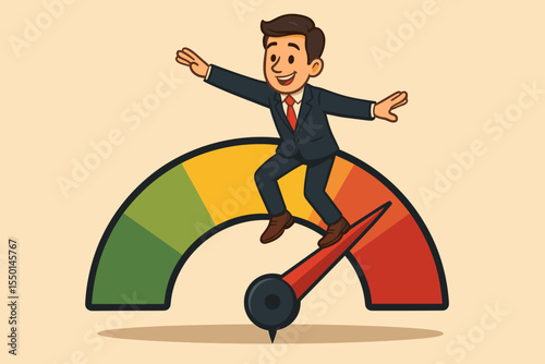 Risk management concept with a businessman balancing on a performance meter needle. High-risk business strategy, pressure gauge, volatility assessment, and danger zone. Vector.