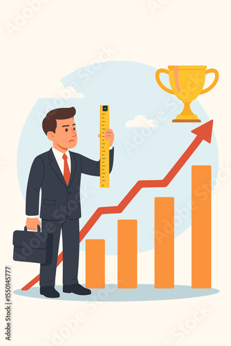 Businessman assessing path to success, measuring progress on a growth chart with a ruler. Concept of goal setting, career ambition, and business strategy for achieving a trophy.