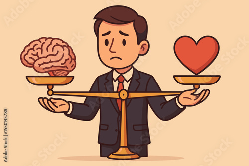 Man balancing brain and heart on a scale. Logic versus emotion. Dilemma, difficult choice concept. Psychology of decision making. Emotional intelligence. Mind vs feelings vector.