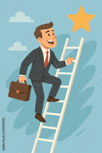 Businessman climbing a career ladder to reach a star. Concept of success, progress, and ambition. Metaphor for achievement, professional growth, reaching goals, and determination.