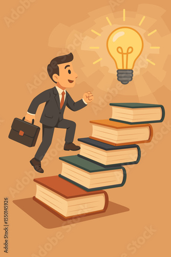 Businessman climbing a book staircase to a glowing light bulb. Metaphor for career growth through education, knowledge, and self-development. Vector concept of learning, ambition, and success.