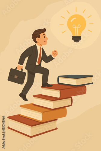 Businessman climbing a staircase of books towards a light bulb idea. Self-development, education, and career growth concept. Metaphor for knowledge and professional success.
