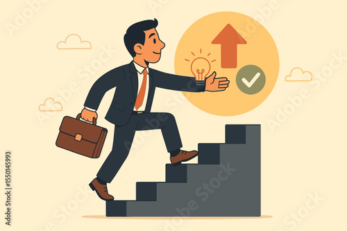 Ambitious businessman climbing stairs for career success, self improvement, goal achievement, growth mindset, leadership, innovation, positive change, professional development, vector illustration