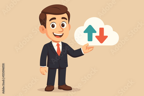 Cheerful cartoon businessman presenting cloud storage service, upload download data, files, information. Business person showing online remote server solution. Vector illustration.