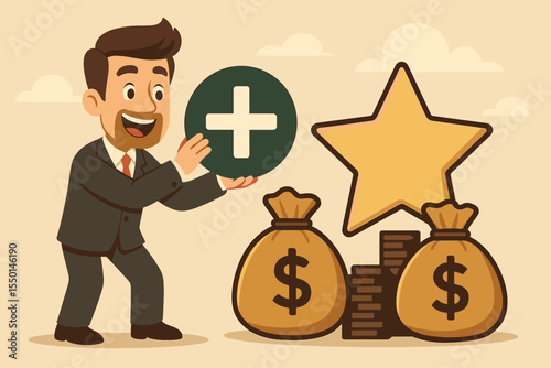 Businessman adding value concept. Manager with plus sign increases profit and income from a star product. Financial growth, business success, and investment metaphor. Cartoon vector.