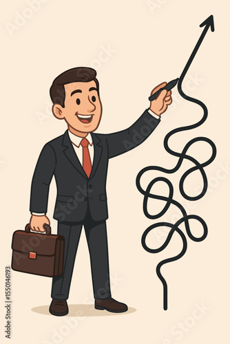 Businessman simplifies a complex problem. Manager untangles a winding, difficult path, turning it into a straight arrow. Concept of business strategy, solution, success, and growth.