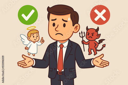 Businessman making a moral decision with angel and devil on shoulders. Business ethics metaphor of choice between good and evil, right and wrong. Confused man facing dilemma concept.