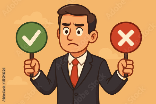 Businessman making a difficult moral decision, choosing between right and wrong. Confused man holding yes and no signs. Vector concept of ethics, dilemma, and choice. True or false.