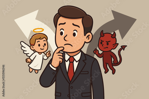 Concept of moral dilemma. Businessman making a decision with an angel and a devil on his shoulders. Good versus evil. Right versus wrong. Ethical choice, conscience and temptation.