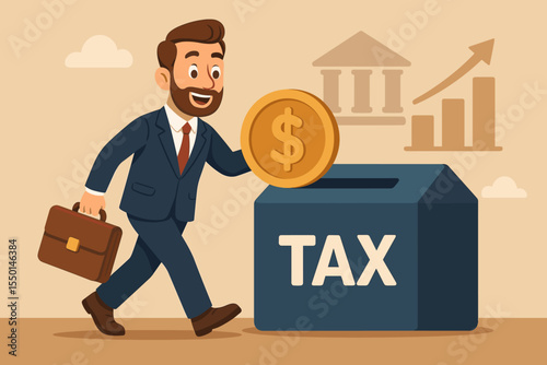 Businessman paying taxes concept. Man putting dollar coin in tax box for economic growth. Financial charge, government revenue, civic duty, investment concept. Cartoon vector.