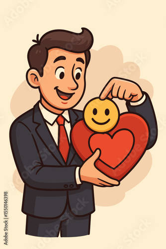 Positive thinking concept with a businessman putting a smiley emoticon into a heart. Metaphor for mental health, emotional well-being, self-care, psychology, and happiness.