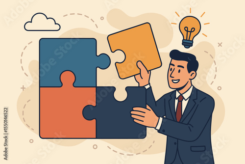 Businessman solving complex challenges with puzzle pieces, innovation and creative problem solving, teamwork, solution strategy, idea, leadership, business success concept vector illustration