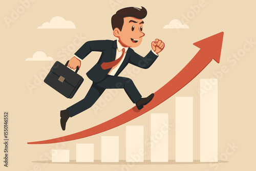 Ambitious businessman running up growth chart arrow, symbolizing leadership, career progress, business success, achievement, financial growth, motivation, ambition. Vector illustration