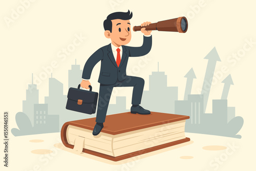 Ambitious businessman in suit stands on giant book with briefcase and telescope, searching for new business opportunities, career growth, and innovative solutions in urban corporate landscape