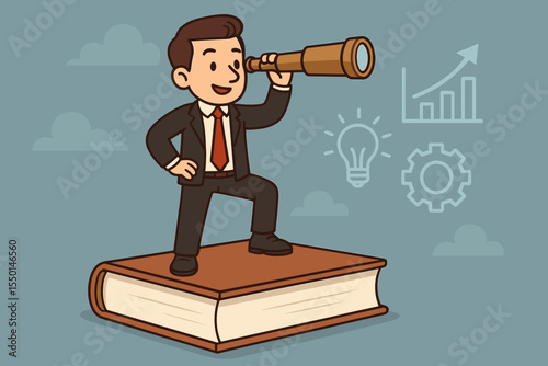 Businessman standing on large book looking through telescope searching for new business opportunities, innovation, solutions, growth, vision, future success. Corporate strategy cartoon vector