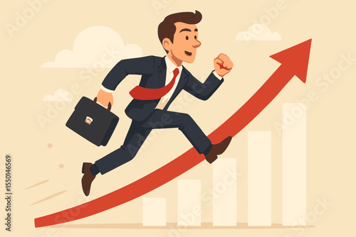 Ambitious businessman running up rising arrow chart, symbolizing business growth, leadership, career success, achieving goals, financial progress, motivation and upward trajectory. Vector illustration