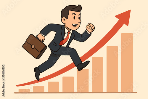 Ambitious businessman running up financial growth chart, symbol of leadership, career success, motivation, achievement, business development, progress, opportunity. Vector illustration concept