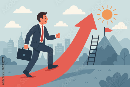 Ambitious businessman climbing red arrow toward sun and mountain summit, achieving business goals, career success, growth, opportunity, leadership, future vision, professional achievement, 2025