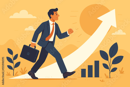 Ambitious businessman walking towards career growth and success, holding briefcase, upward arrow graph, new business goals 2025, opportunity, motivation, professional advancement, vector illustration