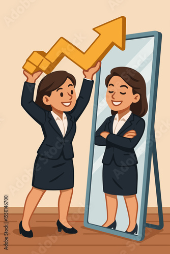 Confident businesswoman holding upward arrow in front of mirror, self-esteem, personal growth, empowerment, ambition, success, motivation, leadership, corporate achievement, vector illustration