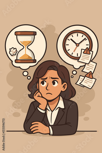 Stressed businesswoman thinking about wasted time, overwhelming deadlines, time management, procrastination, work pressure, productivity challenges, stress at work, office anxiety, vector illustration