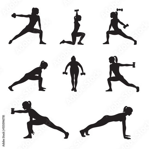 Silhouette Illustrations Woman's Fitness Workout Exercises with Dumbbells
