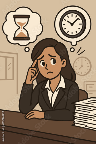 Stressed businesswoman overwhelmed by time management, deadlines, workload. Office anxiety concept. Cartoon vector of employee with hourglass and clock, procrastination, pressure at workplace