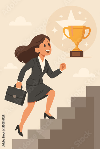 Ambitious businesswoman climbing stairs to success, career growth, leadership, achievement, motivation, reaching goals, female professional, trophy award, business success concept, vector illustration