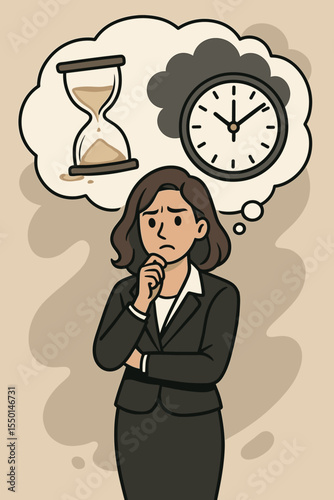 Businesswoman Thinking of Time Management, Deadline Pressure, Productivity. Office Woman with Hourglass and Clock in Thought Bubble. Stress, Decision Making, Efficiency Concept. Vector Illustration