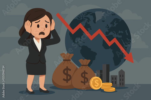 Worried businesswoman facing global economic recession crisis, falling stock market, financial loss, money bags, coins, city buildings, cartoon vector, economic downturn, investment risk