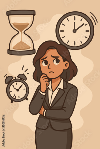 Businesswoman thinking time management productivity cartoon. Deadline pressure, procrastination, clock, alarm, hourglass. Stress, decision making, business planning vector illustration.
