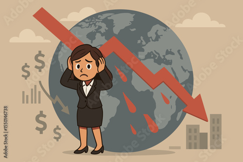 Stressed businesswoman holding head in front of globe, red downward arrow, falling economy, global recession, stock market crash, financial crisis, declining profits, economic downturn concept vector
