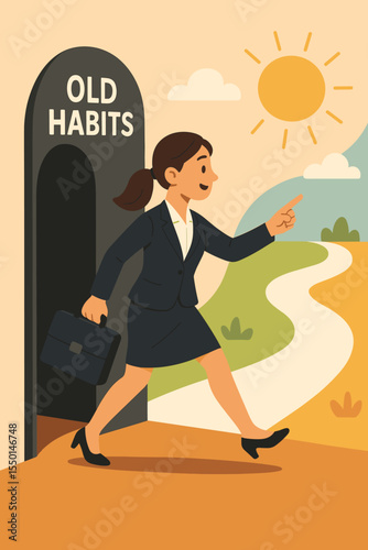 Professional businesswoman leaving old habits behind, stepping out of comfort zone, embracing new direction, positive change, female leadership, career growth, motivation, success concept vector