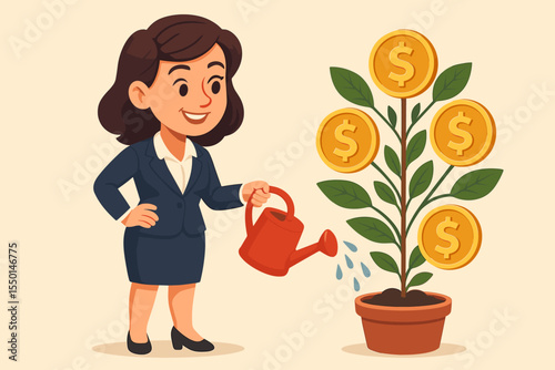 Businesswoman nurturing money plant with watering can, financial growth investment success, wealth creation, business finance metaphor, cartoon vector illustration, economic prosperity concept