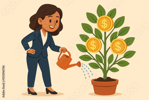 Businesswoman watering money tree plant, financial investment growth, wealth management, nurturing business success, economic prosperity, income generation, cartoon vector illustration