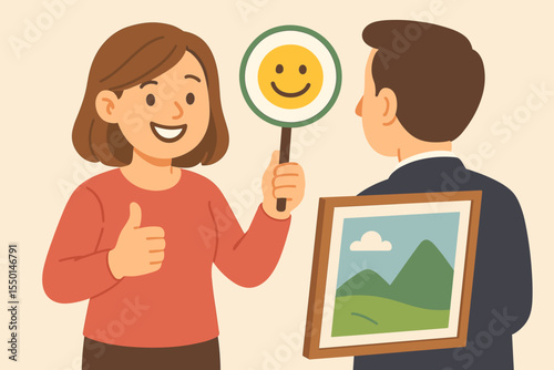 Customer Feedback and Satisfaction Concept Illustration. Client Holding Smile Face Sign, Giving Thumbs Up, Reviewing Art Service, Artwork Evaluation, Positive Service Rating, Vector Cartoon