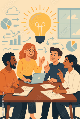 Diverse Teamwork Brainstorming Creative Ideas, Business Meeting Collaboration, Innovative Solutions, Group Planning Strategy, Office Discussion, Data Analysis, Light Bulb Concept Vector Illustration