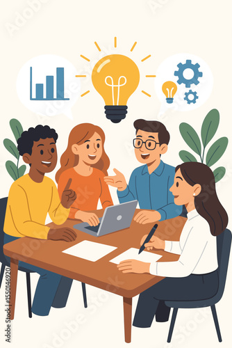 Diverse business team brainstorming creative ideas, collaborative meeting, innovation concept, teamwork generating solutions, strategy planning, discussion, office workspace vector illustration