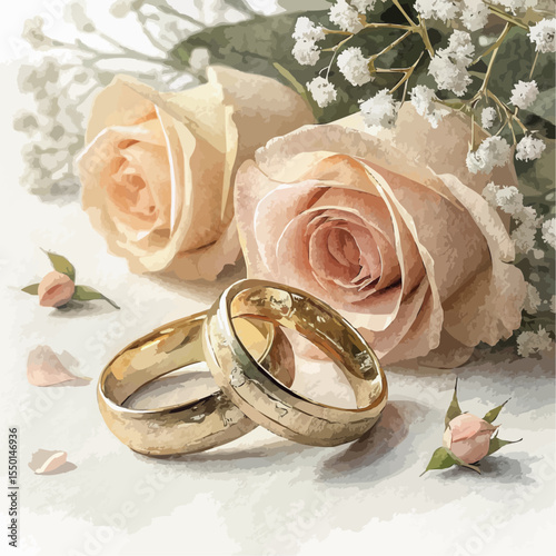 Two gold wedding rings with peach rosebuds and white flowers on white surface. Watercolor and charcoal style. Isolated. Romantic, elegant wedding detail with soft light.

