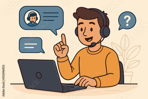 Friendly Customer Support Representative Online Chat Assistance. Cartoon Man with Headset Helping Client via Laptop. Digital Help Desk Service, Communication Concept Vector Illustration
