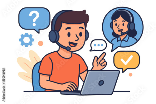 Customer support chat concept. Cartoon man with headset at laptop answering questions. Online help desk, virtual assistant, technical service, call center, remote communication vector illustration