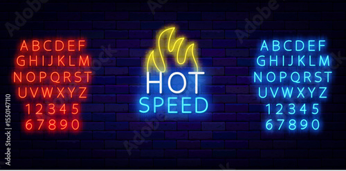 Hot speed neon label with fire. Auto rally. Drift show and championship. Vector stock illustration