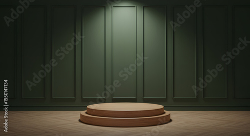 Elegant wooden podium in dark green room with wood floor