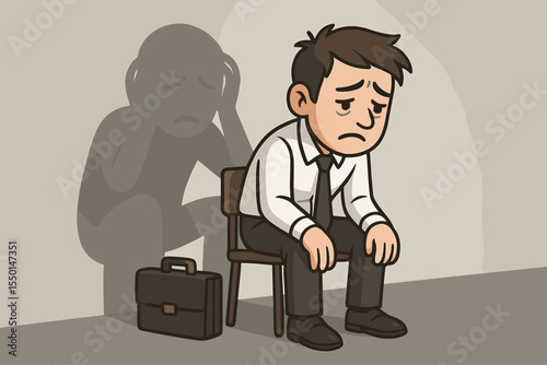 Sad office worker sitting on chair, head down, business stress and depression concept, anxious shadow silhouette, corporate burnout, mental health, workplace anxiety, vector cartoon illustration